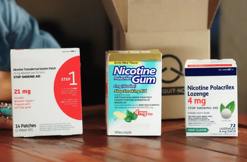 Series of nicotine replace therapy medications on a table.